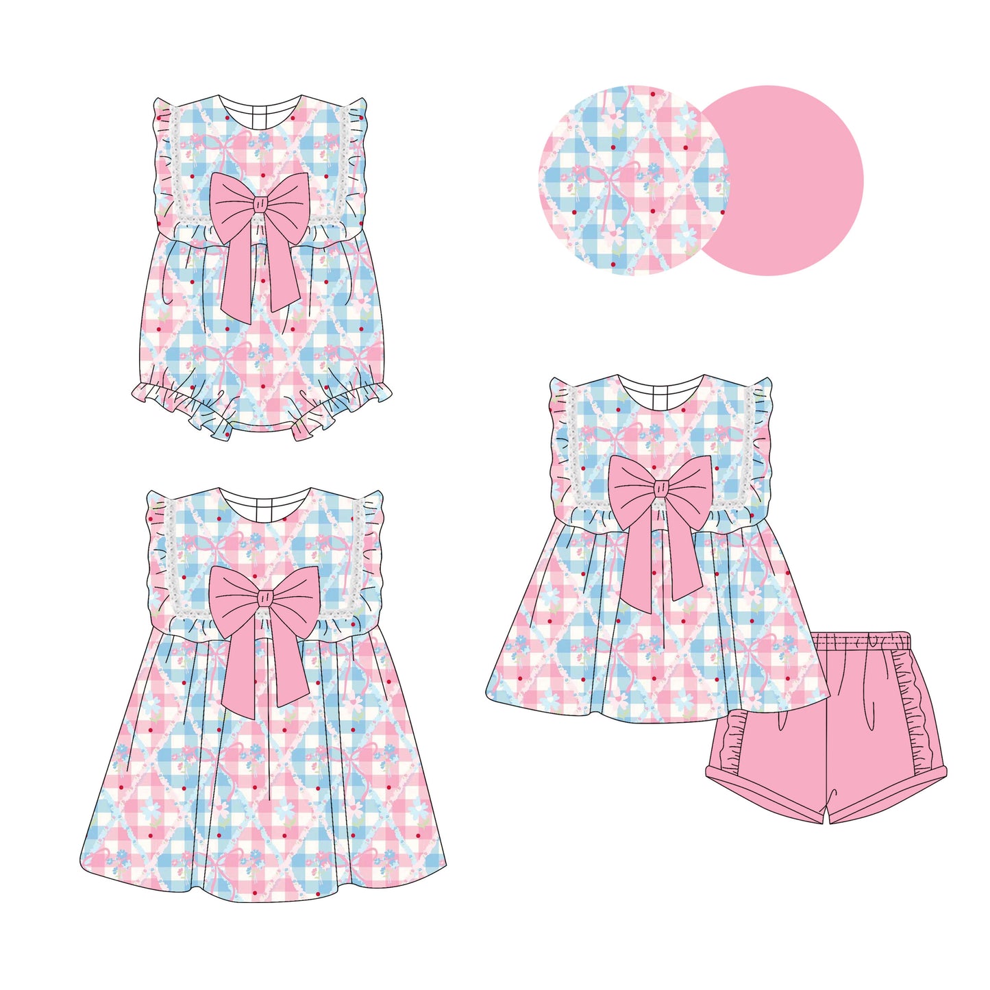 25.10.23 custom each style moq 5 eta 6-8week Sibling Sister bow floral baby short sleeve shorts sets and romper and dress match design