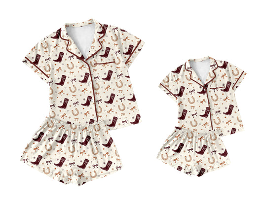 4.9 Custom moq 5 mix size Sibling Mom And Me Western Bows Short-Sleeved Top And Shorts Pajama Set Summer Sleepwear