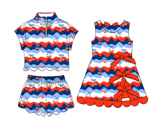 3.18 Custom moq 5 mix size Sibling Baby Girls Bows Zipper Top Short Scallop Sets Yoga Active Scallop Short Knee Length Dress
