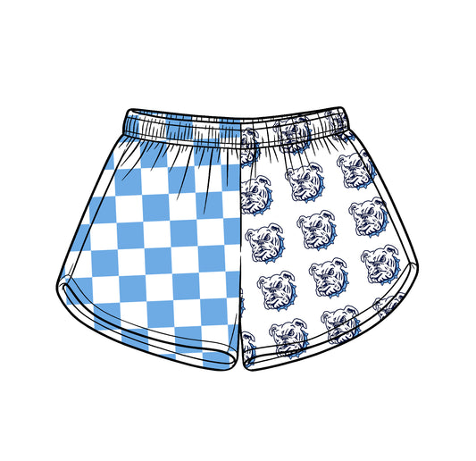 Custom moq 5 mix size milk silk summer teams Adult And Kids Light Blue Checked Patchwork Summer Casual Shorts