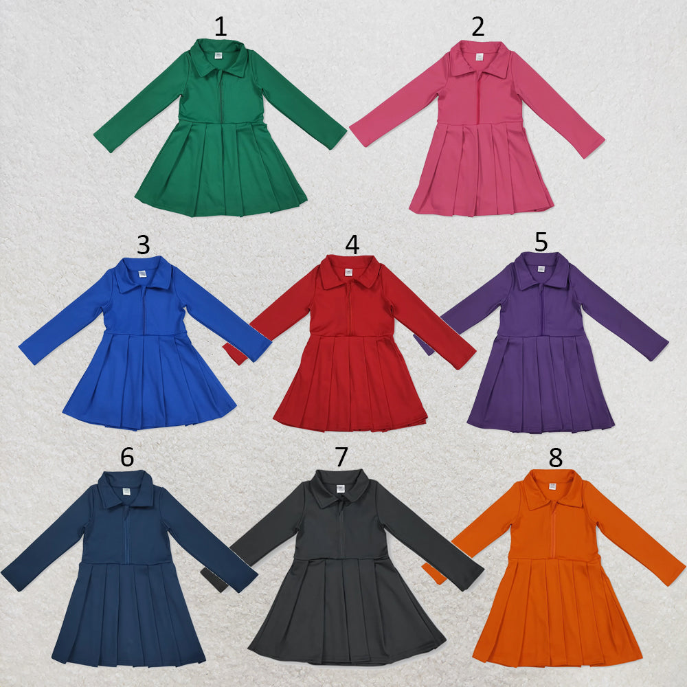 RTS NO MOQ Sibling yoga fabric cotton Baby Girls Solid Color Long Sleeve Zipper Front Yoga Knee Length Pleated Dress Active Sports Clothes