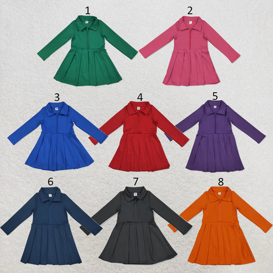 RTS NO MOQ Sibling yoga fabric cotton Baby Girls Solid Color Long Sleeve Zipper Front Yoga Knee Length Pleated Dress Active Sports Clothes