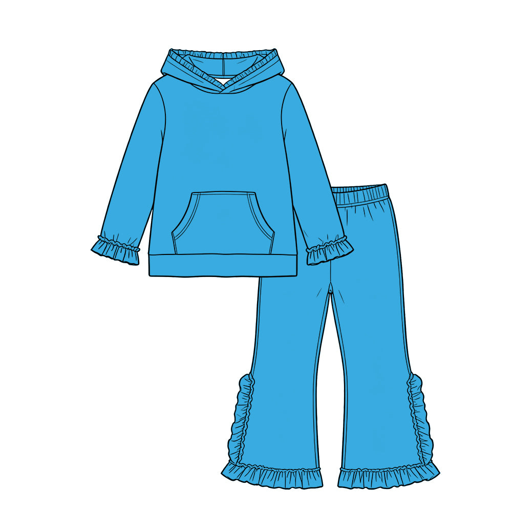 Custom moq 5 girls  Blank Cotton Fabric hooded long-sleeve top and pants set Lake blue long-sleeved hooded set with lace details and matching trousers