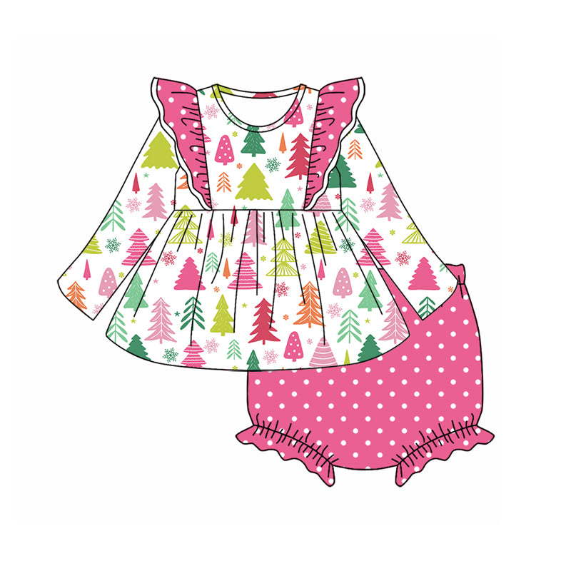 6.23 custom each style moq 5eta 4-6week Christmas trees pink baby girls long sleeve briefs sets