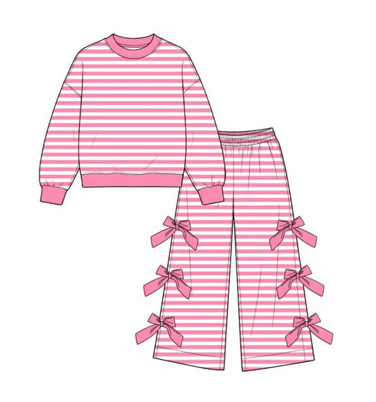 custom moq 5 mix size Toddler Girls Pink Stripe Long Sleeve Top And Bow Wide Leg Pants Outfit Set