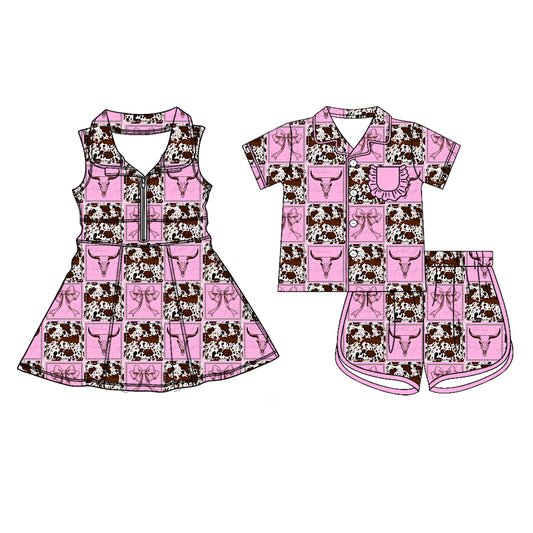 26.1.22 custom each style moq 5 eta 6-8week Sibling Sister cow head baby short sleeve shorts sets and dress match design