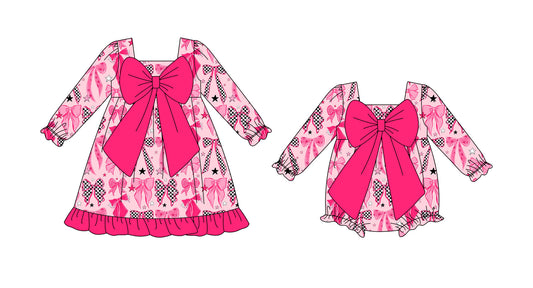 25.9.24 custom each style moq 8 eta 6-8week Sibling Sisters bow baby girl long sleeve dress and rompers match family design