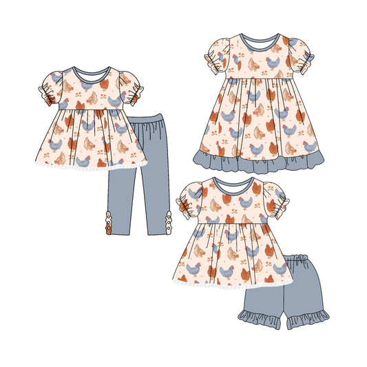 4.25 custom each style moq 5eta 4-6week Sibling Sisters hen baby girl short sleeve shorts sets and pants sets and dress match family design