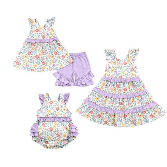 Custom moq 5 mix size Sibling Baby Girl's Floral Print purple Short-Sleeved Top And Shorts Set Cute Romper Dress for Spring Summer