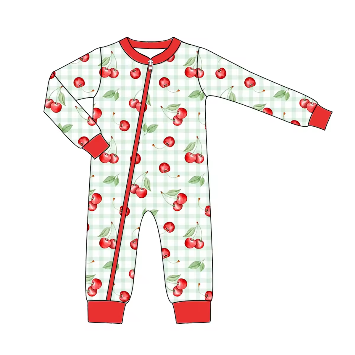 Custom moq 3 eta 6-8 weeks Fruit Cherry Light Green Plaid Long Climbing Dress