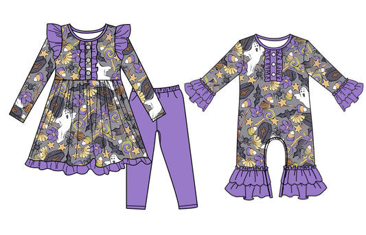 25.7.10 custom each style moq 5eta 4-6week Sibling Sister ghost baby girl long sleeve pants sets and rompers match family design