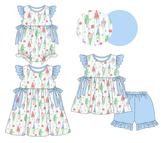 Custom moq 5 mix size Sibling Baby Girl's blue Short-Sleeved Top And Shorts Set Cute Romper Dress for Spring Summer