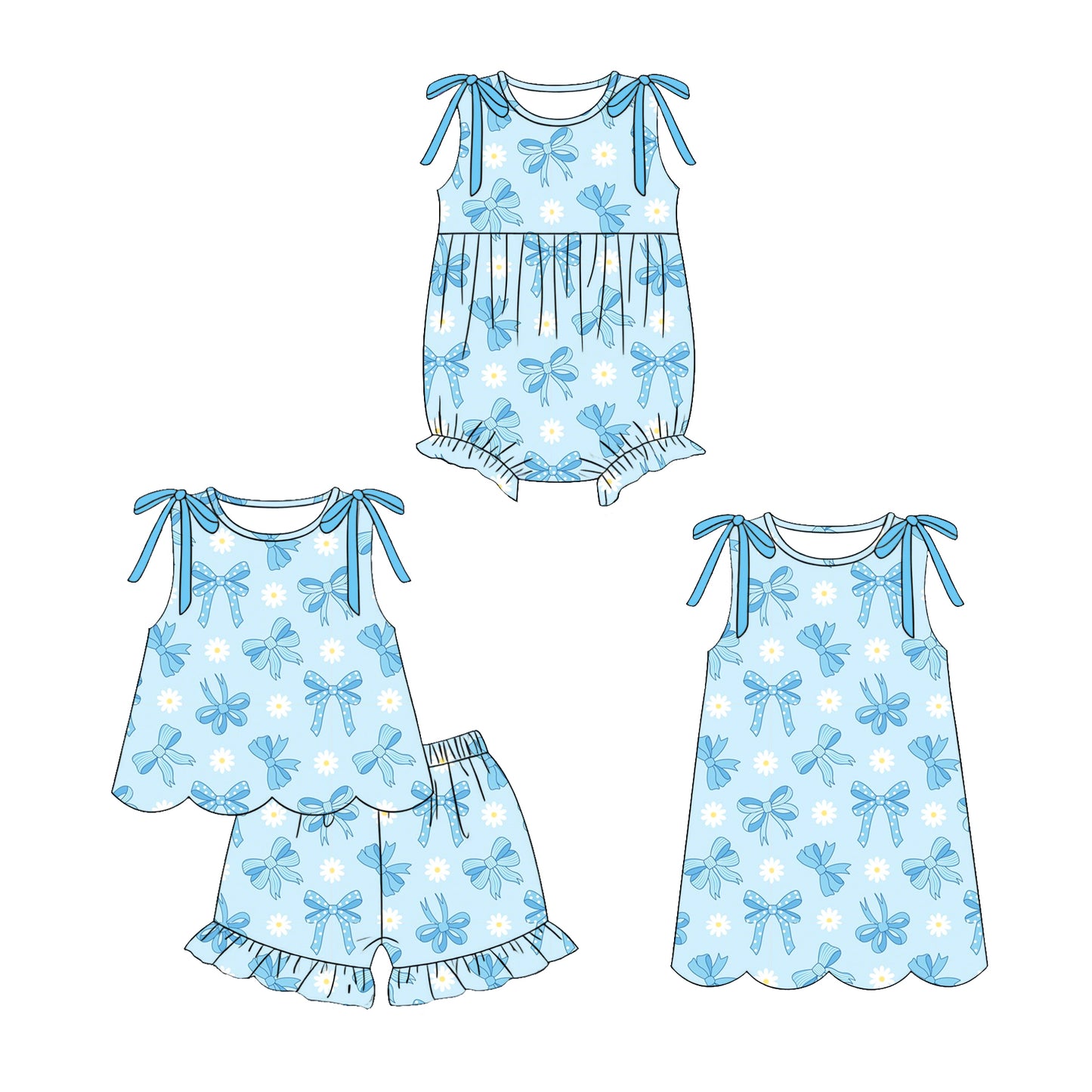 4.6 Custom moq 5 mix size Sibling Baby Girl's Blue Sleeveless Top And Short Set Cute Romper Dress for Summer