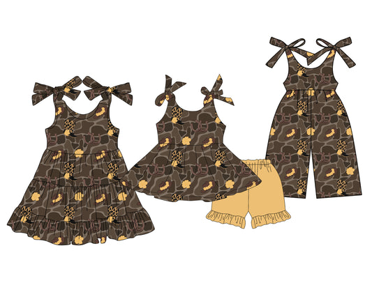 3.22 custom each style moq 5eta 4-6week Sibling Sister boot hat baby girl short sleeve shorts sets and dresses and jumpsuit match design