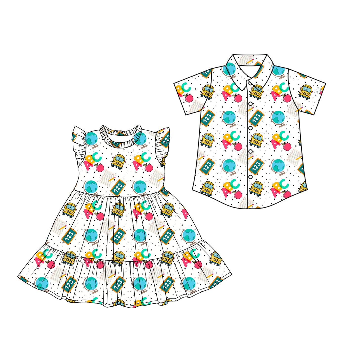 3.3 Custom moq 5 mix size Sibling Baby Girl's Flutter Sleeve Dress Baby Boy's Short-Sleeved Button Shirt Matching Back To School Outfit Set for Infants