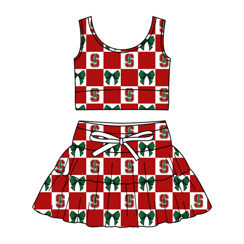 Custom moq 5 mix size Milk silk summer girls' three-piece set with letter bow print plaid sleeveless skirt including a dress and shorts