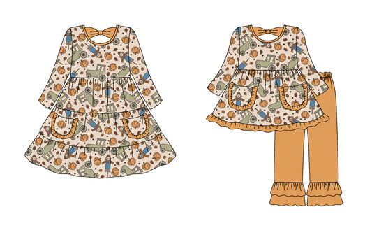 25.7.18 custom each style moq 5eta 4-6week Sibling Sisters pumpkin baby girl long sleeve pants sets and dress match family design