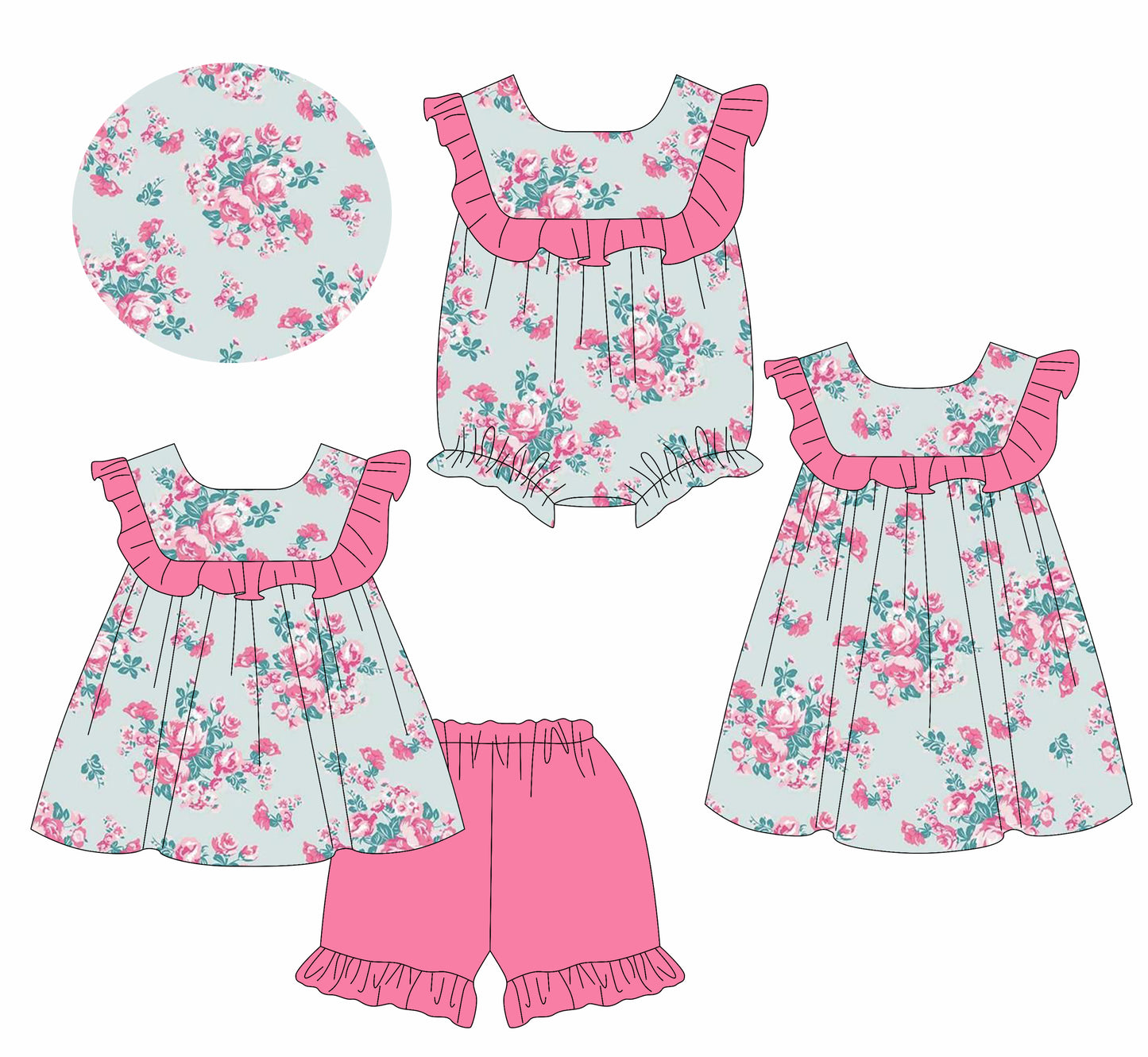 25.5.23 custom each style moq 5eta 4-6week Sibling Sisters floral baby girl short sleeve shorts sets and dress and rompers match family design