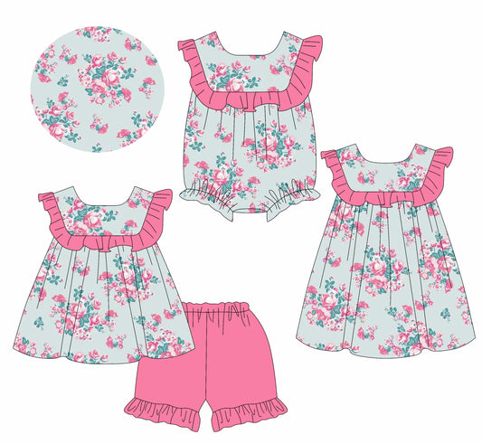 25.5.23 custom each style moq 5eta 4-6week Sibling Sisters floral baby girl short sleeve shorts sets and dress and rompers match family design