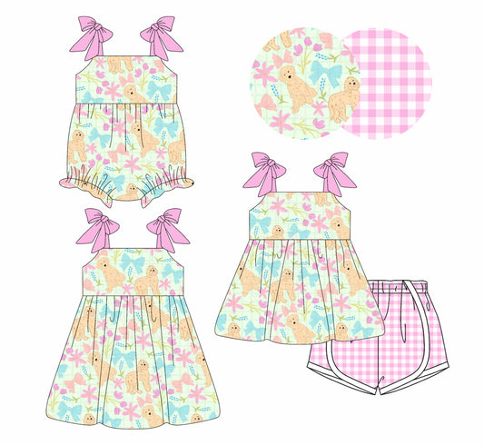 4.3 custom each style moq 5eta 4-6week Sibling Sisters bow puppy baby girl short sleeve shorts sets and dress and rompers match family design