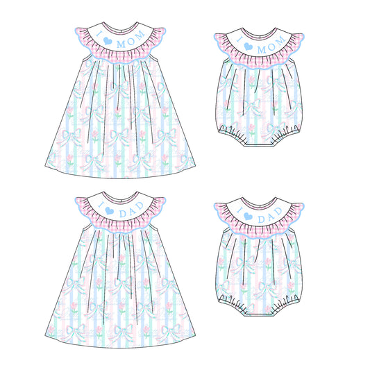 4.22 custom each style moq 5eta 4-6week Sibling Sisters I LOVE MOM floral bow baby girl short sleeve dress and rompers match family design