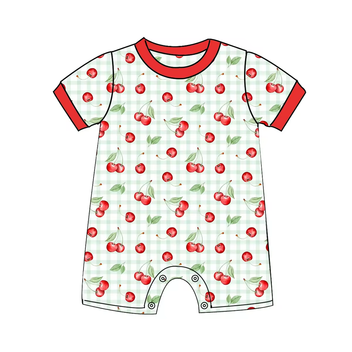 Custom moq 3 eta 6-8weeks Fruit cherry light green plaid short romper
