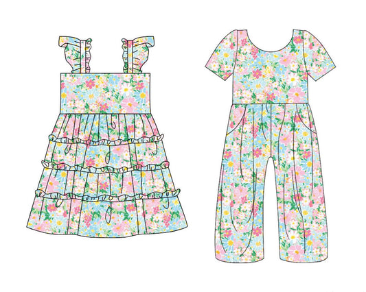 25.10.22 custom each style moq 5 eta 6-8week Sibling Sisters floral baby girl long sleeve dress and jumpsuit match family design