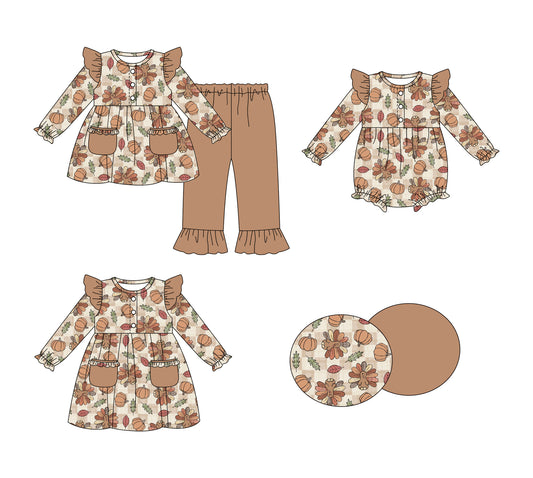 25.7.29 custom each style moq 5eta 4-6week Sibling Sisters pumpkin baby girl long sleeve pants sets and dress and rompers match family design