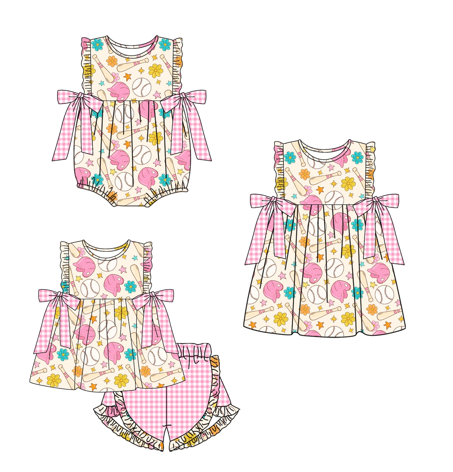 12.6 custom each style moq 5eta 4-6week Sibling Sister baseball pink baby girl short sleeve shorts sets and dress and rompers match family design