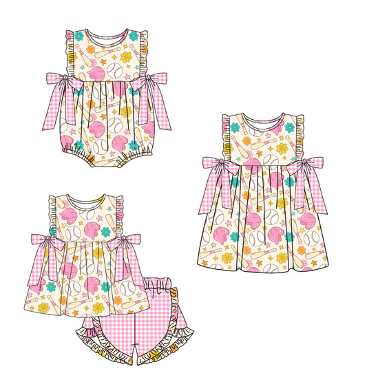 12.6 custom each style moq 5eta 4-6week Sibling Sister baseball pink baby girl short sleeve shorts sets and dress and rompers match family design
