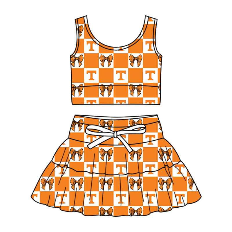 Custom moq 3 or 5 mix size milk silk summer teams baby girl clothes bow orange sleeveless skirts sets-26.1.20