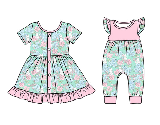 25.12.17 custom each style moq 5 eta 6-8week Sibling Sister bunny bow floral baby short sleeve romper and dress match design