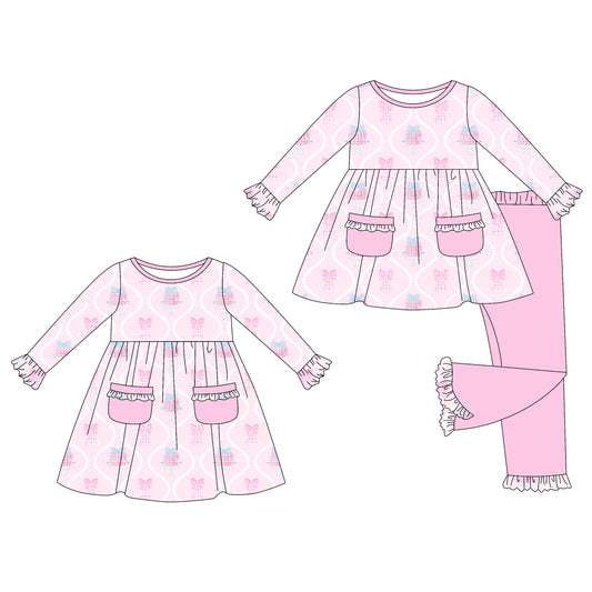 25.6.20 custom each style moq 5eta 4-6week Sibling Sisters bow pink baby girl long sleeve pants sets and dress match family design