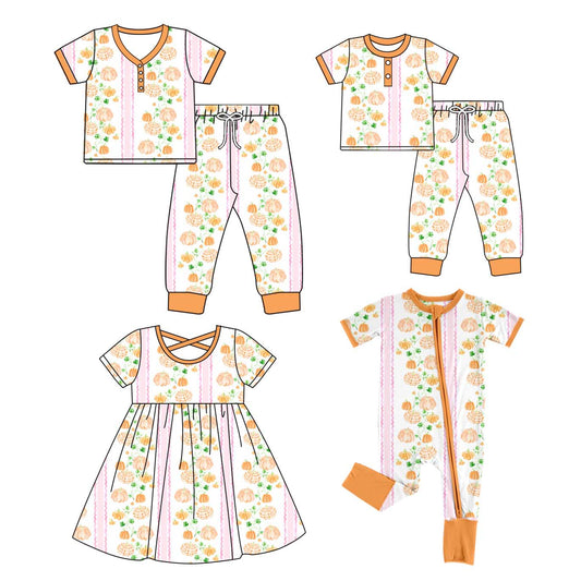 4.26 custom each style moq 5eta 4-6week Sibling Sister pumpkin short sleeve pants sets and adult sets and dress and romper match design