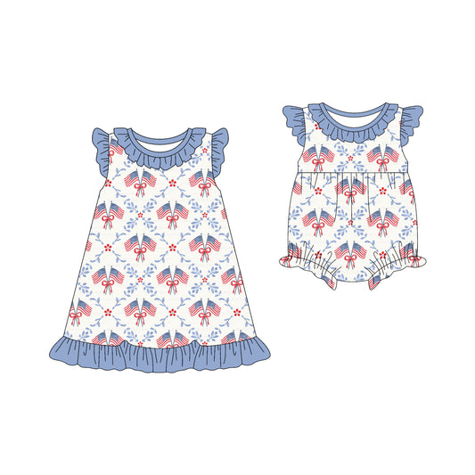 25.12.12 custom each style moq 5 eta 6-8week Sibling Sister flag bow baby short sleeve romper and dress match design