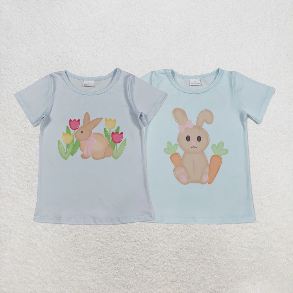 RTS NO MOQ Sibling Baby Girls Blue Short Sleeve Flowers Rabbits Easter T-shirts Top
