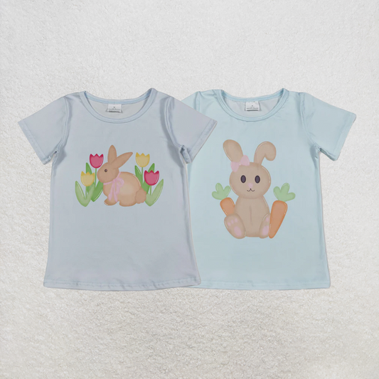 RTS NO MOQ Sibling Baby Girls Blue Short Sleeve Flowers Rabbits Easter T-shirts Top