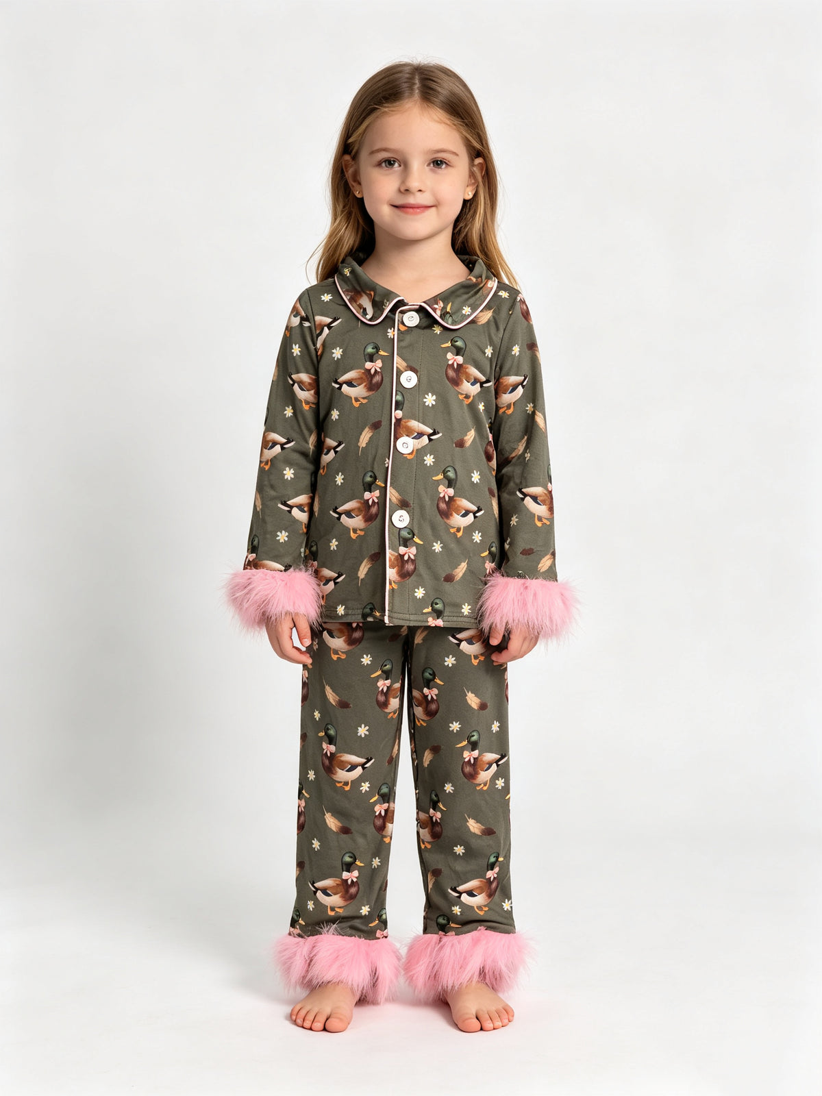 (Sample) No moq milk silk GLP3629 Baby Girls Flowers Ducks Button Top Pant Fur Sleeves Hunting Pajamas Set Holiday Sleep Loungewear