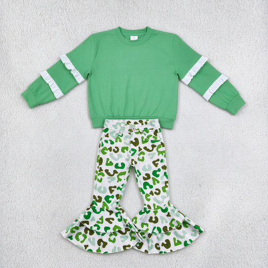 NEW RTS NO MOQ Denim GT1858+ P0395 Baby Girls Green White Ruffle Sleeve Top Green Leopard Denim Pants Jeans Set