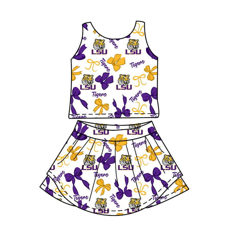 Custom moq 5 mix size milk silk summer teams Purple Yellow Bow Baby Girls Vest Top Skirt Shorts Sets Sleeveless Yoga Knee Length Dresses Yoga Shorts