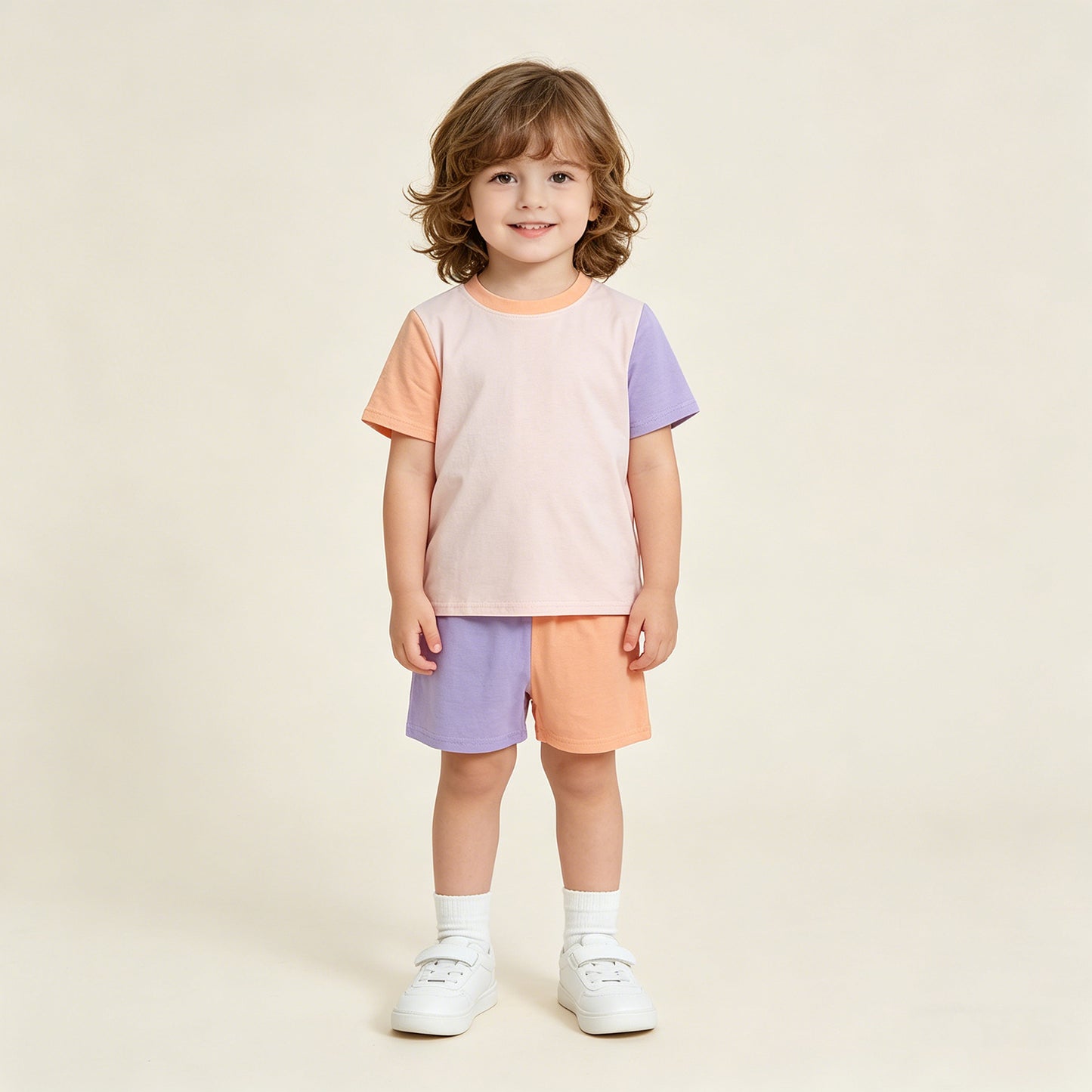 RTS NO MOQ GSSO3504 Toddler Girls Peach Purple Color Block Top Slouchy Shorts Daily Wear Clothes