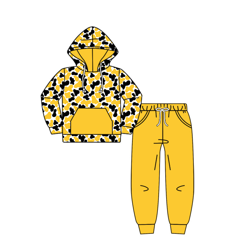 Custom moq 5 mix size milk silk summer teams baby girls clothes camouflage yellow hooded long sleeve pants sets 2 and boy pants sets and pant-25.8.7