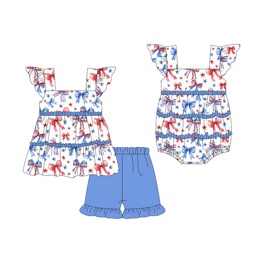 3.7 custom each style moq 5eta 4-6week Sibling Sister bow baby girl short sleeve shorts sets and romper match design