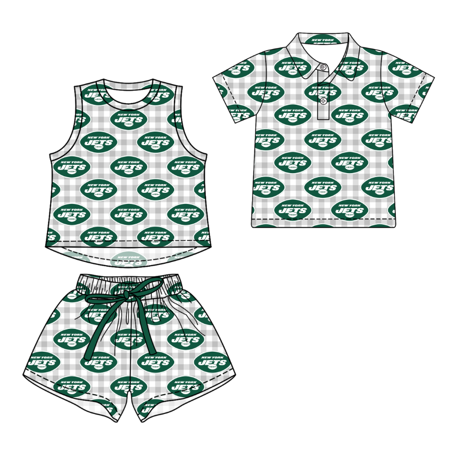 Custom moq 5 mix size milk silk summer teams Girls Grey Checked Top And Drawstring Short Sets Boys Checked Short Sleeve Button Polo Shirt Top