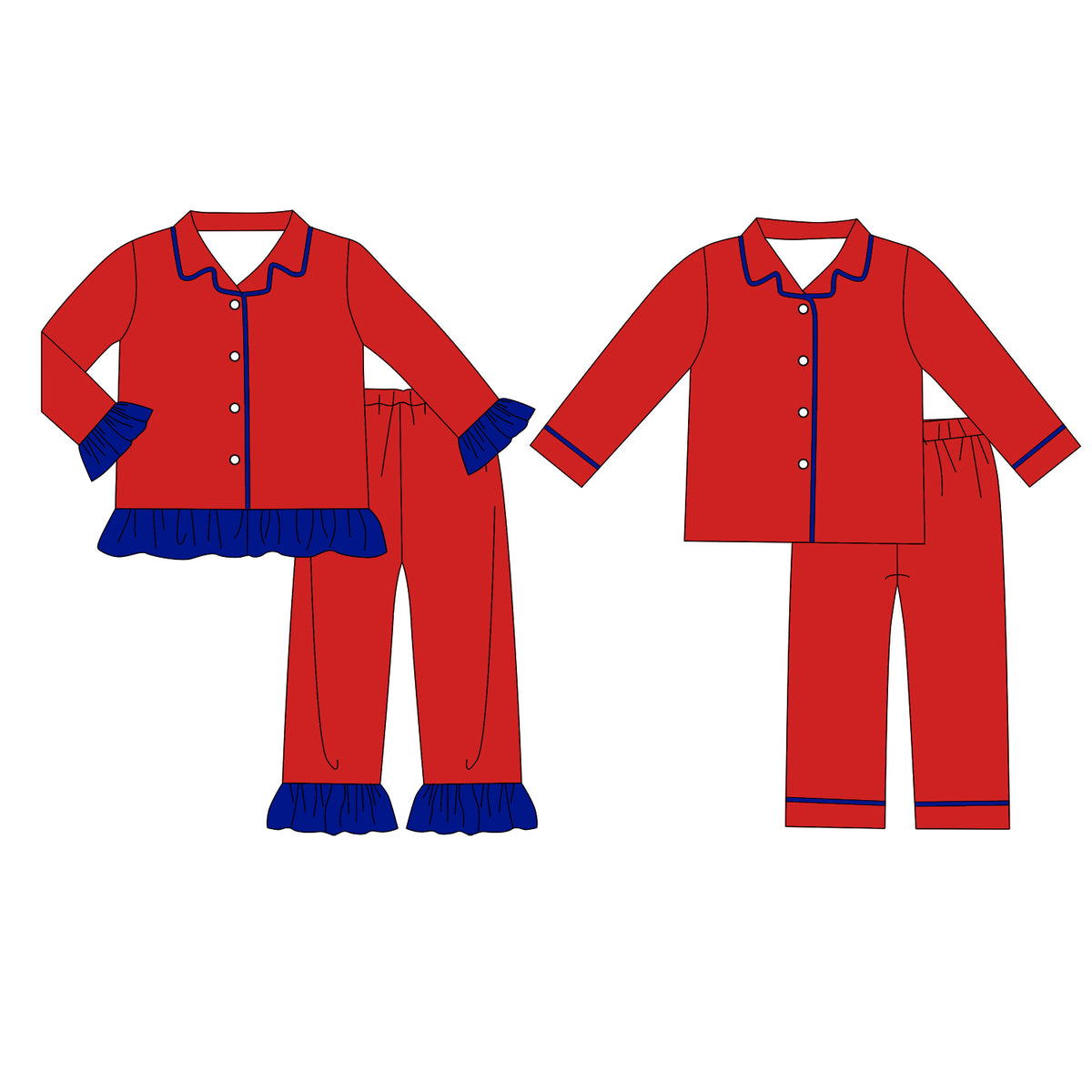 custom moq 5 mix size Baby Boys And Girls Red Blue Long Sleeve Collared Button Down Pant Pajama Set Kids Sleepwear Set