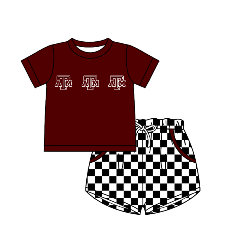 Custom moq 5 mix size milk silk summer teams Boy's Dark Red Short Sleeved Top Plaid Shorts Set Girl's Short-Sleeved Set with Matching Swimsuits Adult Shorts