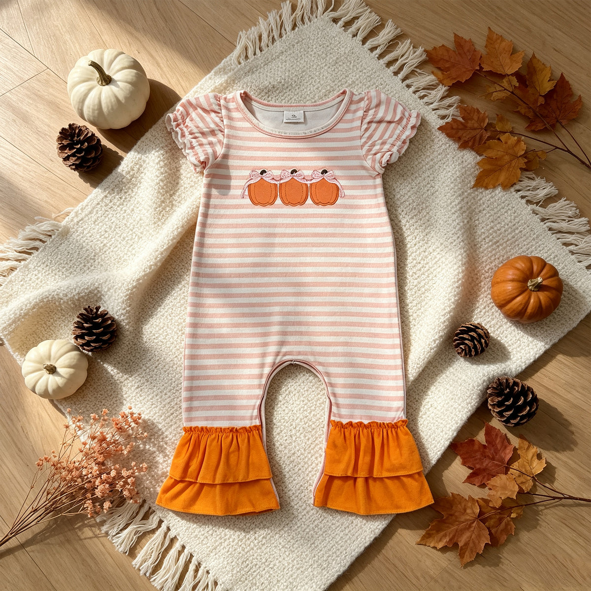 NEW RTS NO MOQ milk silk SR4284 Embroidery Baby Girls Short Sleeve Bow Pumpkin Print Ruffle Romper