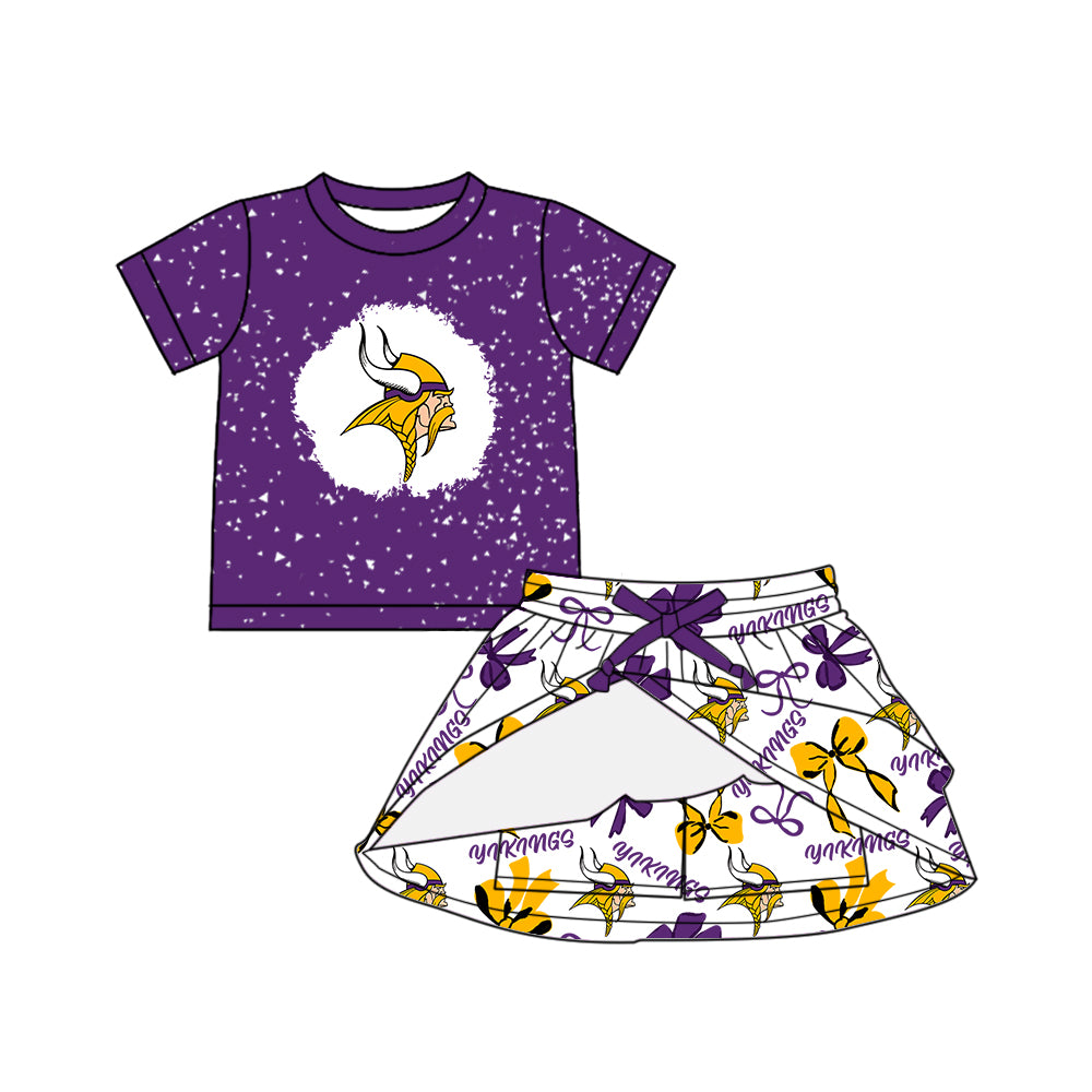 Custom moq 5 mix sizes summer teams baby girls clothes team purple short sleeve skirts shorts sets 1 and skirts sets 2 and and skirts sets 2 and dress 1 and dress 2 and dress 3 and dress 4-25.6.9
