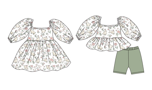 25.12.8 custom each style moq 5 eta 6-8week Sibling Sister bunny floral baby short sleeve shorts sets and dress match design