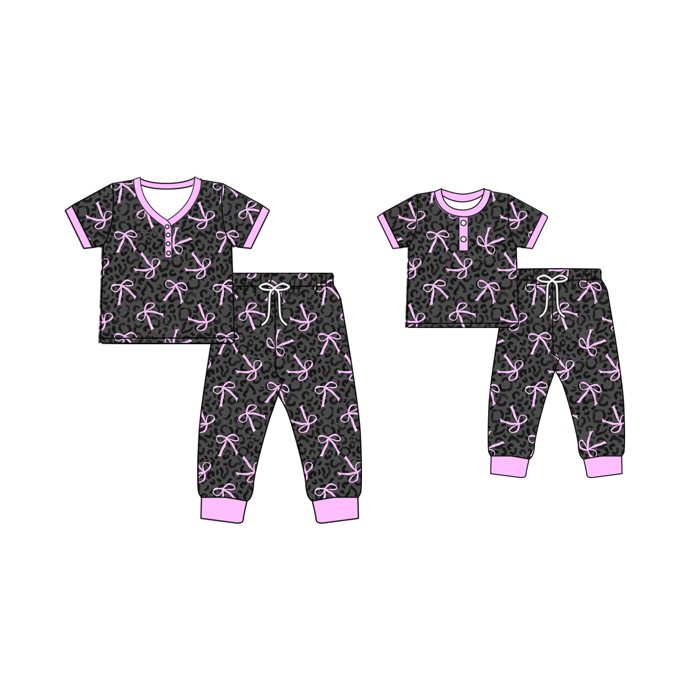 12.2 custom each style moq 5eta 4-6week Sibling Sister leopard bow baby girls short sleeve pants sets and adult sets match design